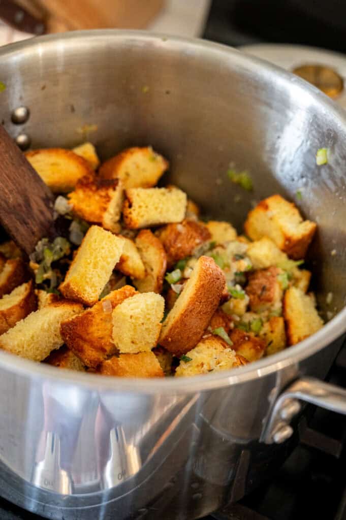 brioche stuffing in a pot.