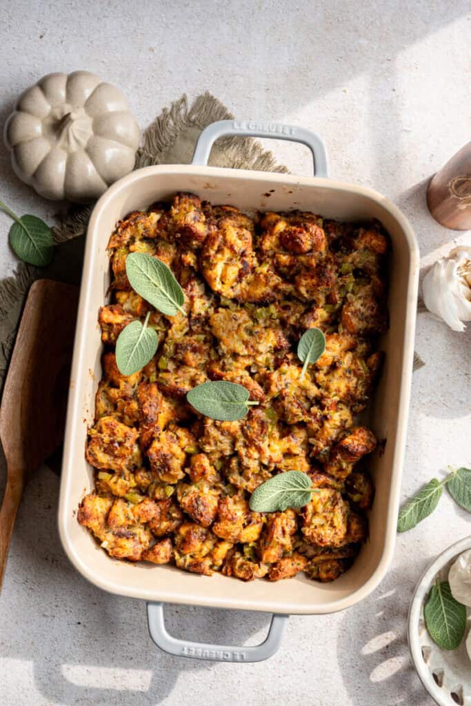 cooked brioche stuffing in a pan.
