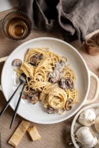 truffle mushroom pasta in a bowl.