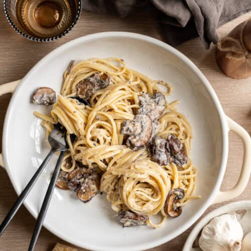 truffle mushroom pasta in a bowl.