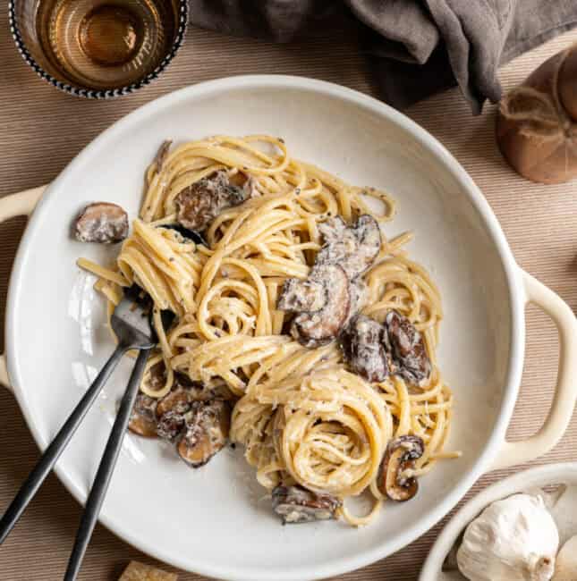 truffle mushroom pasta in a bowl.