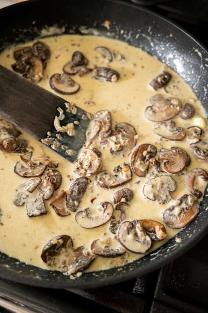 truffle mushroom cream sauce in a pan.