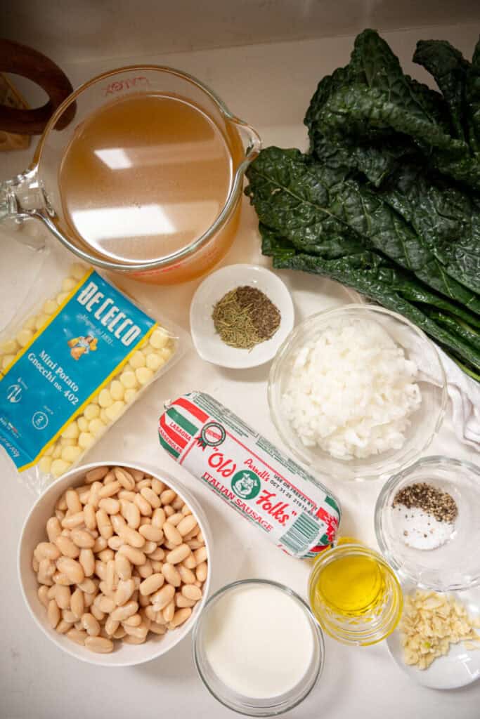 Kale and White Bean Sausage Soup ingredients.