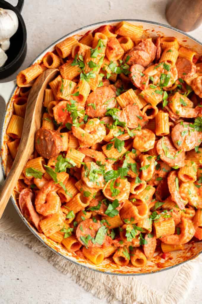 The Best Creamy Shrimp and Sausage Pasta Recipe.