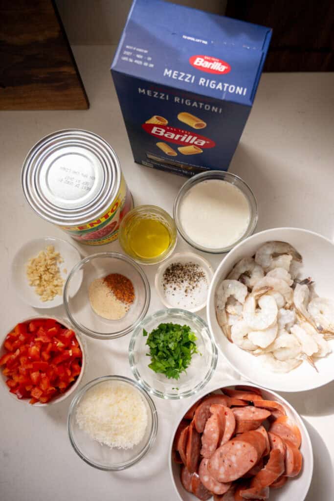 shrimp and sausage pasta ingredients.
