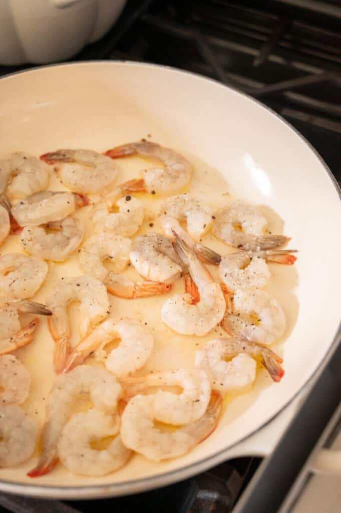 shrimp cooking in a pan.