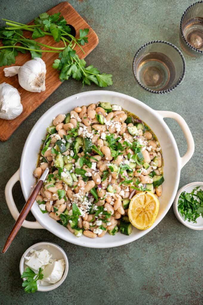cannellini bean salad in a bowl.