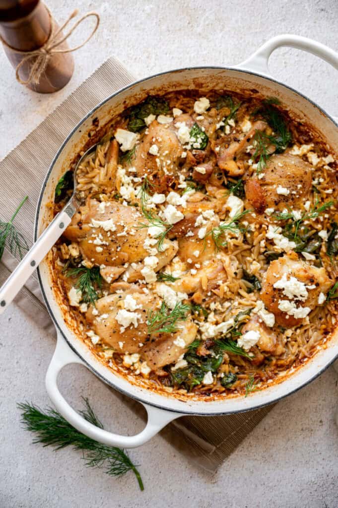 chicken orzo bake in a large skillet.