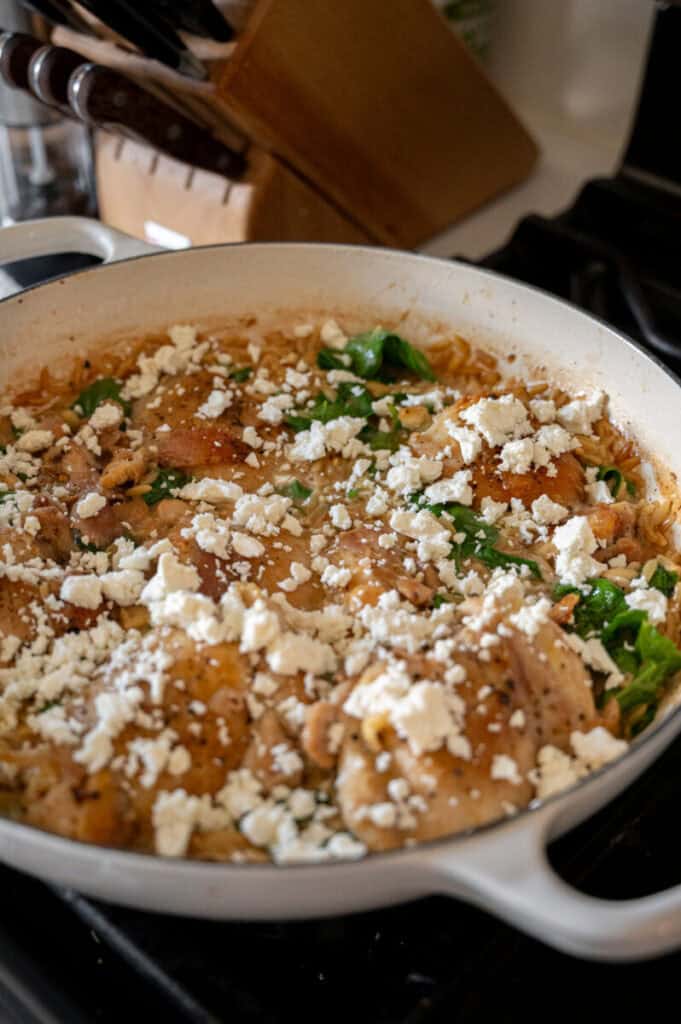 chicken orzo bake with feta.