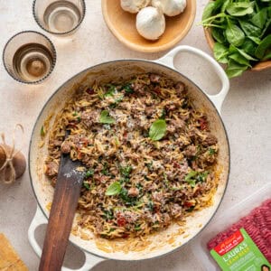 tuscan beef orzo skillet.