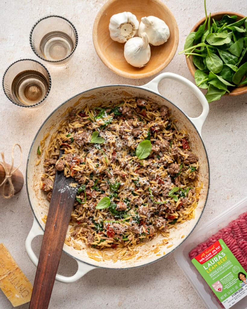 tuscan orzo skillet with fresh basil.