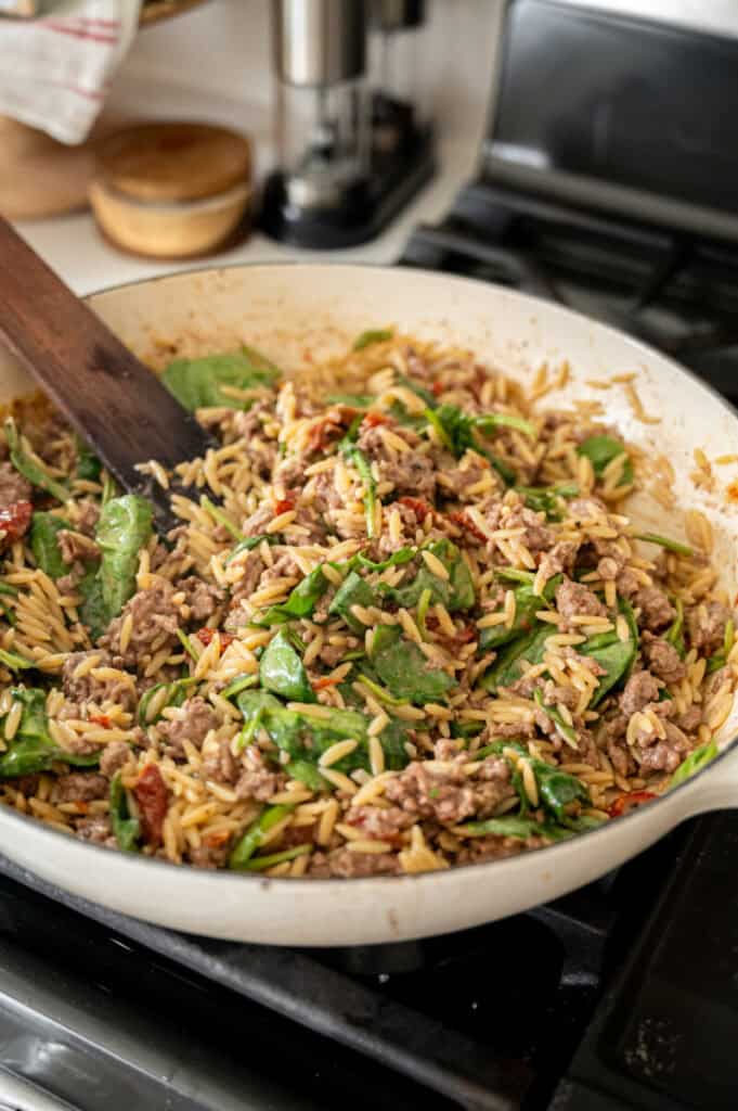 orzo with beef, spinach, and tomatoes.