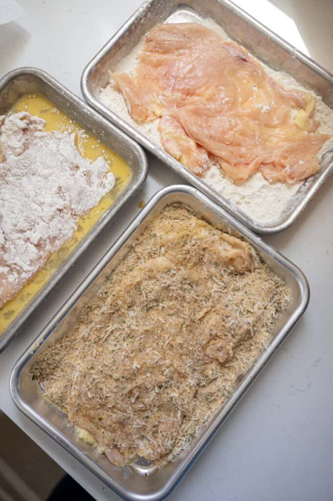 chicken prepared for breading.