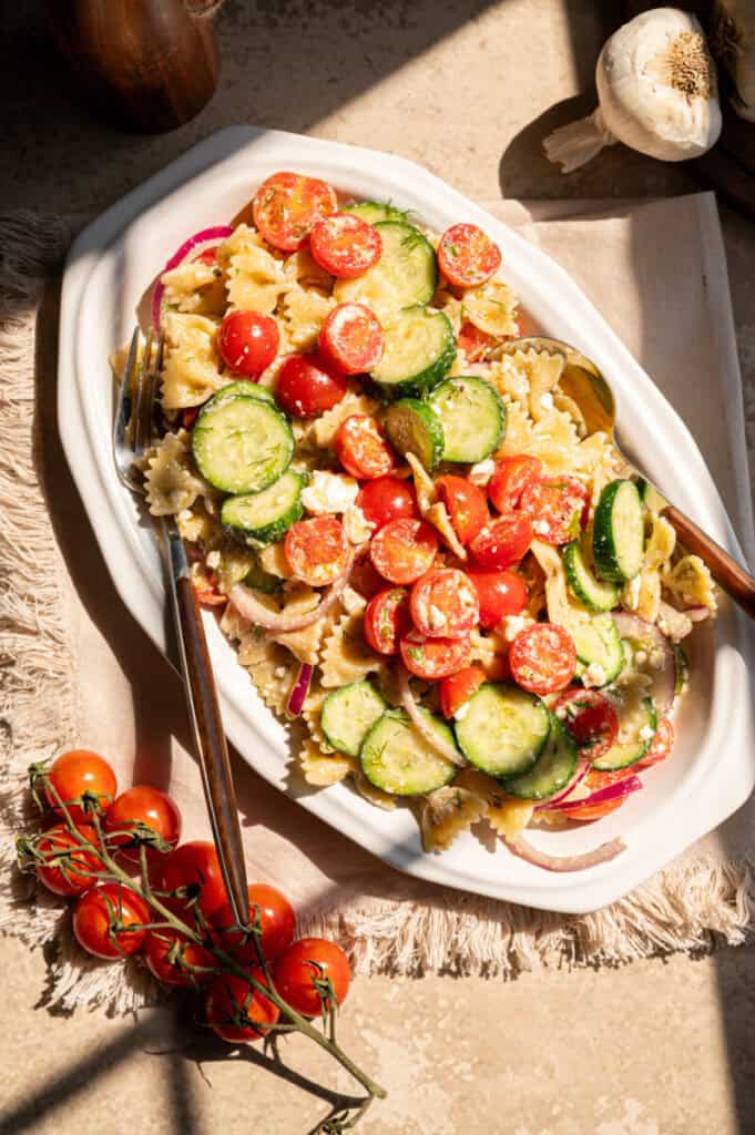 tomato cucumber pasta salad.