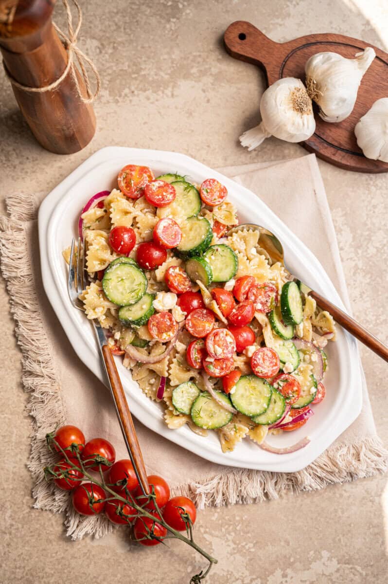 cucumber tomato pasta salad.