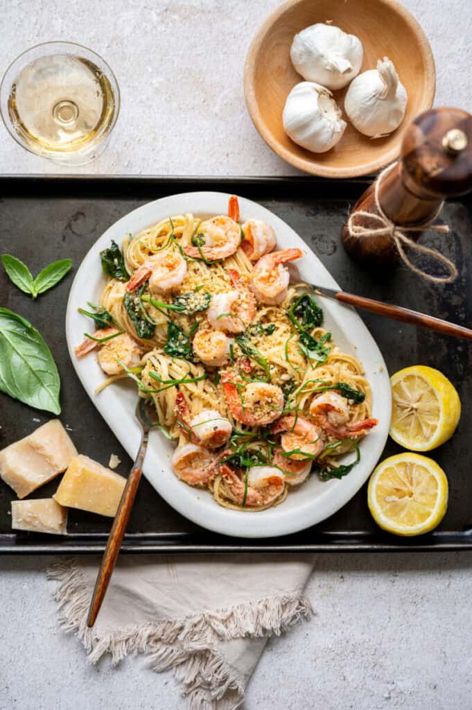 shrimp and spinach pasta.