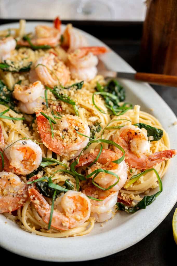 shrimp and spinach pasta with breadcrumbs.