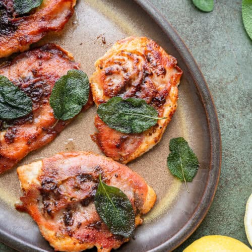 chicken saltimbocca on a plate.