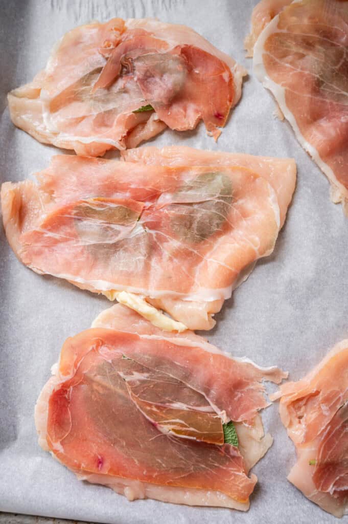 chicken breast with sage and prosciutto.