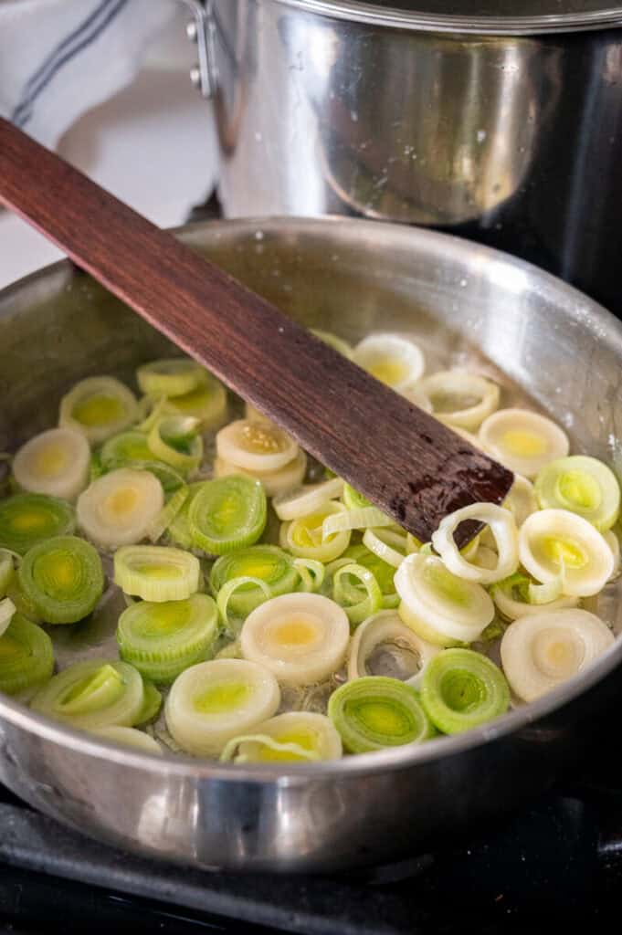 leeks cooking in olive oil and butter.