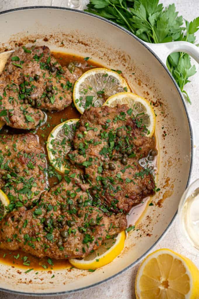 veal piccata in a skillet.
