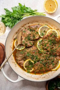 veal piccata in a skillet.
