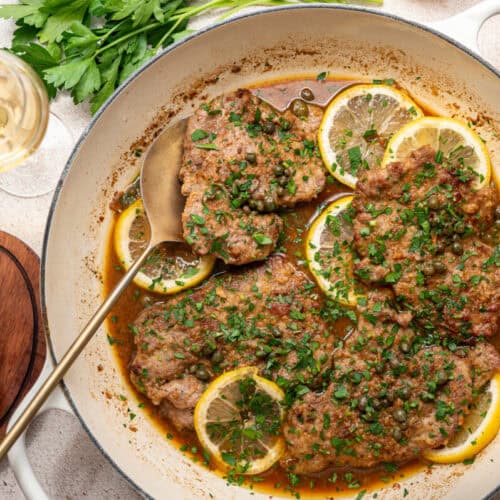 veal piccata in a skillet.