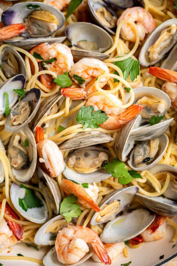 shrimp and clam pasta close up shot.
