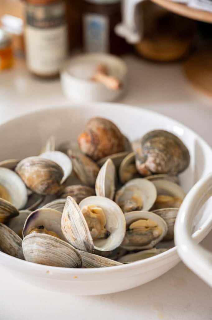 steamed clams in a bowl.