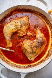 chicken diavolo in a skillet.