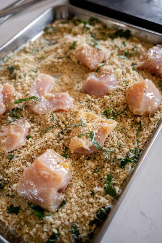 chicken cubes in breadcrumbs.