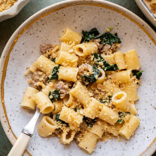 sausage and kale pasta with breadcrumbs.