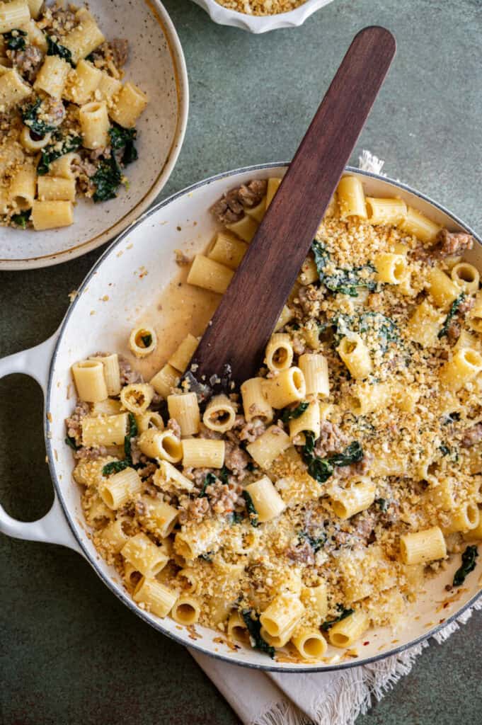 sausage and kale rigatoni with breadcrumbs.