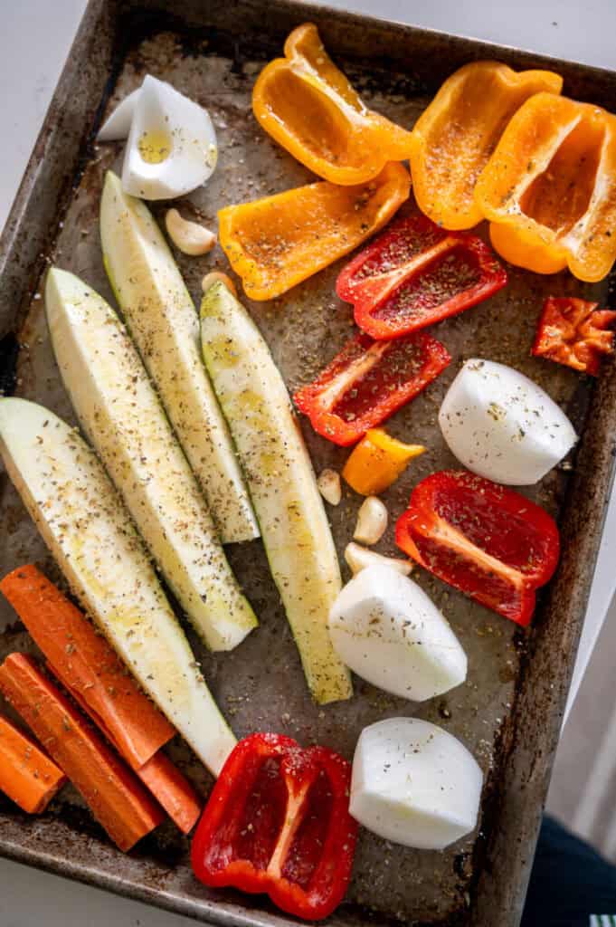 vegetables on a sheet pan.