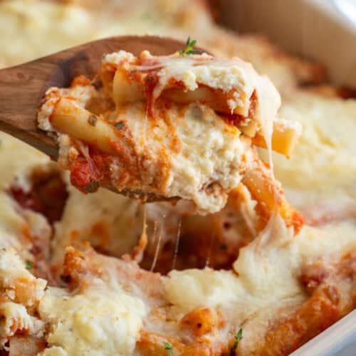 meatless baked ziti on a spoon.